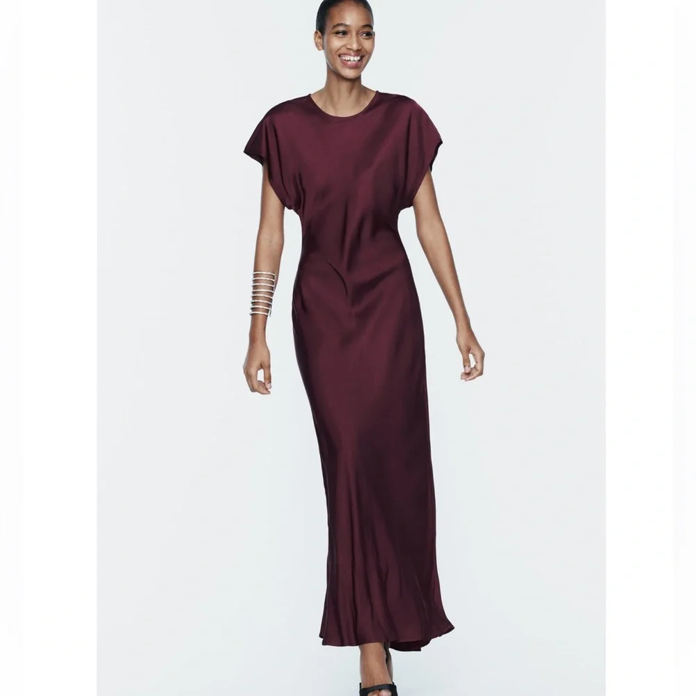 Zara SATIN EFFECT MIDI DRESS burgundy